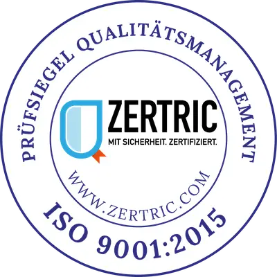 Prüfsiegel Qualitätsmanagement Zentric ISO 9001:2015, zur Seite Zertifikate